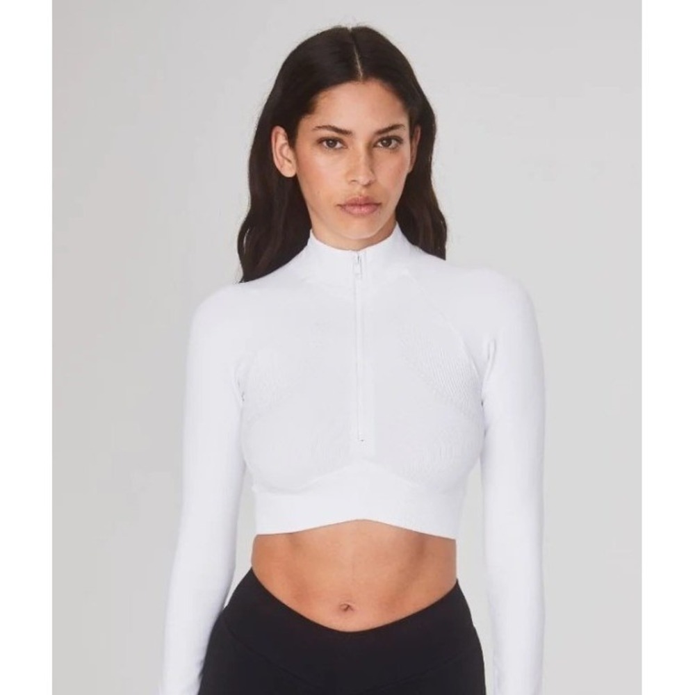 Joja Exhale Long Sleeve Quarter Zip Crop Top Luna White JO-NYL1-EXH-LUN-S Size S